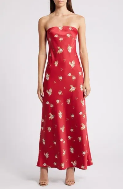 Wayf Madelyn Floral Strapless Satin Cocktail Dress In Scarlet Ditsy