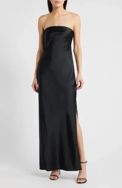 Wayf Odelle Strapless Satin Maxi Dress In Black