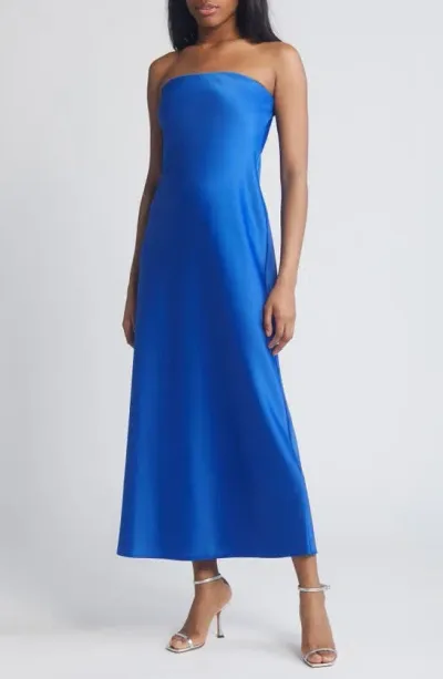 Wayf Strapless Matte Satin Bias Cut Gown In Blue