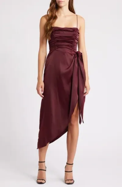 Wayf The Julia Ruched Asymmetric Satin Cocktail Dress In Port