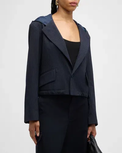 We-ar4 The Cropped Hooded Blazer In Navy Pinstripe