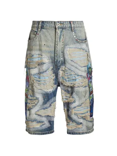 Who Decides War Men's Chrome Stud-embroidered Denim Shorts