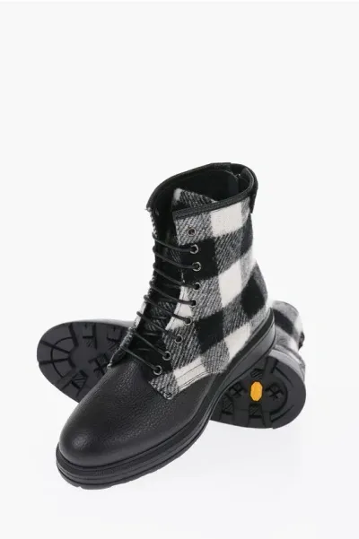 Woolrich Buffalo Checked Wool And Textured Leather Combat Boots In Black