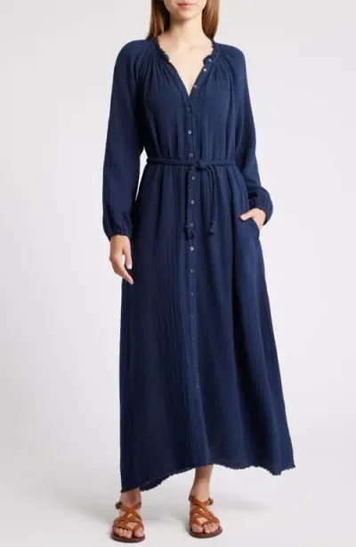 Xirena Xírena Andrea Tie Waist Long Sleeve Gauze Maxi Dress In Navy Blue