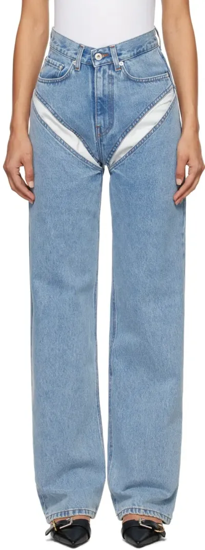 Y/project Denim Cutout High Rise Wide Jeans In Light Blue