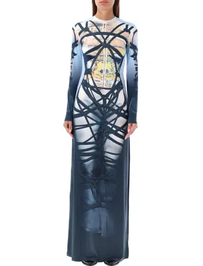 Y/project Bondage Print Long Dress In Blue