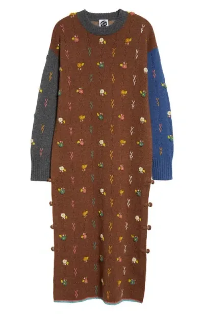 Yanyan Daisy Embroidered Colorblock Long Sleeve Lambswool Sweater Dress In Hazelnut Multi