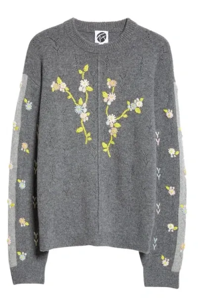 Yanyan Daisy Embroidered Pointelle Lambswool Sweater In Charcoal