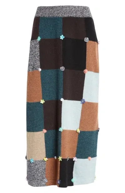 Yanyan Floral Ribbon Checkerboard Knit Lambswool Skirt In Brown Multi