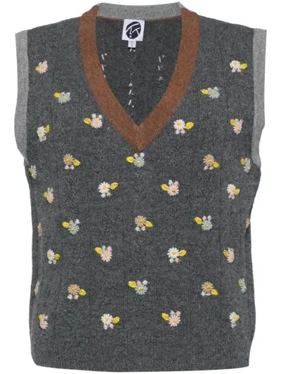 Yanyan Knits Embroidered V-neck Vest In Grey