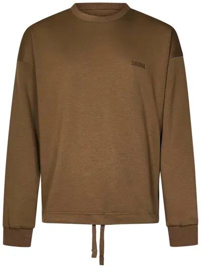 Z Zegna Logo Embroidered Drawstring Hem Crewneck Sweatshirt In Brown