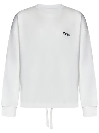 Z Zegna Logo Embroidered Drawstring Hem Crewneck Sweatshirt In White