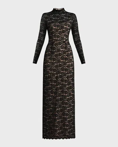 Zac Posen Mock-neck Floral Lace Column Gown In Black