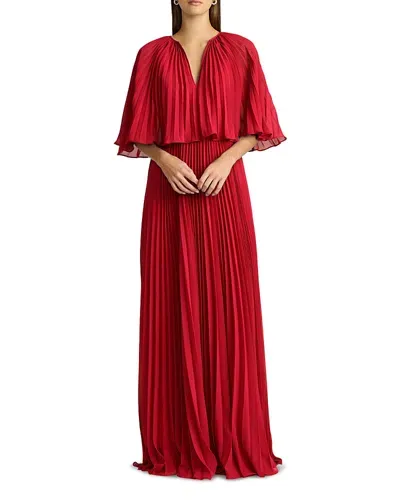 Zac Posen Pleated Chiffon Cape Dress In Scarlet