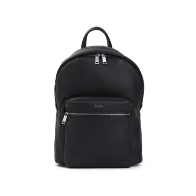 Zegna Black Grained Leather Backpack