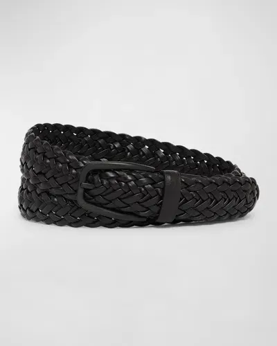 Zegna Men's Braided Leather Vendome-buckle Belt In Black