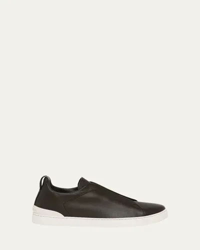 Zegna Leather Triple Stitch Sneakers In Brown