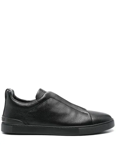 Zegna Leather Triple Stitch Sneakers In Black  