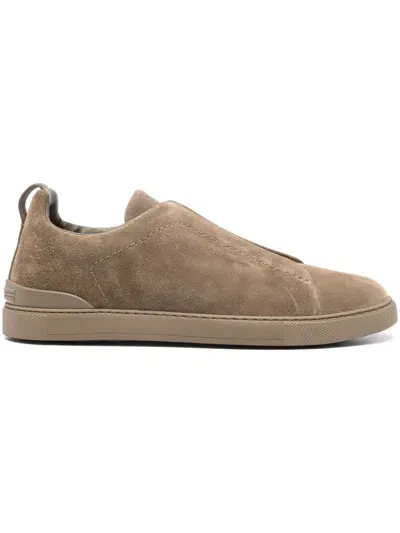 Zegna Triple Stitch Leather Low-top Sneakers In Ivory/cream Beige