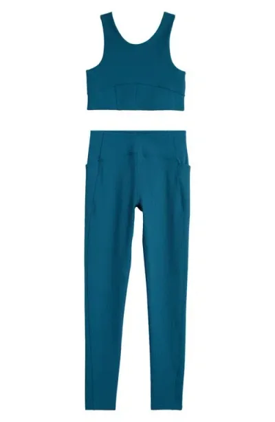 Zella Girl Kids' Luxe Rib Sports Bra & Pocket Leggings Set In Teal Feather