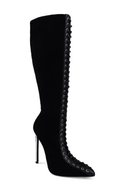 Ziginy Rudy Pointed Toe Lace Up Knee High Boot In Black