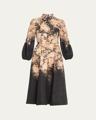 Zimmermann Floral-print Long-sleeve Belted Linen Midi Dress In Black