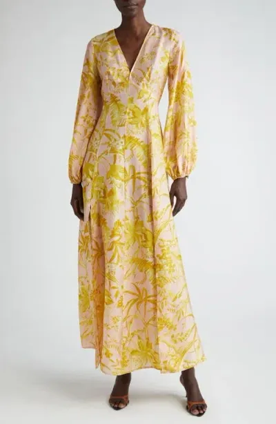 Zimmermann Golden Tropical Floral Long Sleeve Silk Maxi Dress In Pink