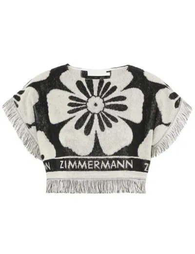 Zimmermann Halliday Cropped Fringed Cotton-terry Jacquard Top In Black