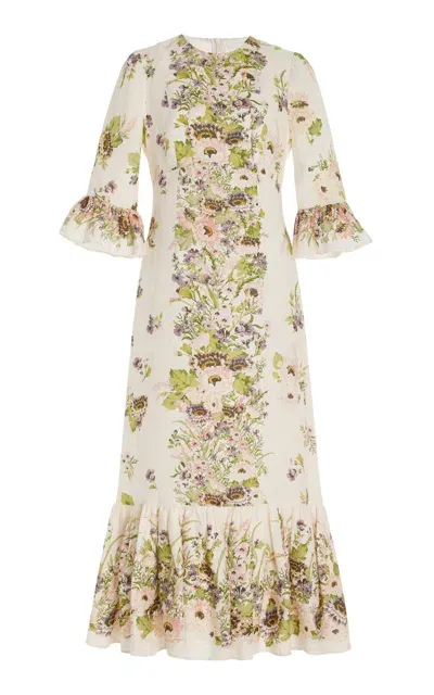 Zimmermann Halliday Ruffled Floral Linen Maxi Dress In Cream Multi Floral