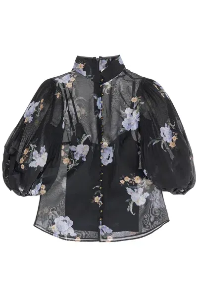 Zimmermann Illustrated Blouse With Pleated Sleeves In Black