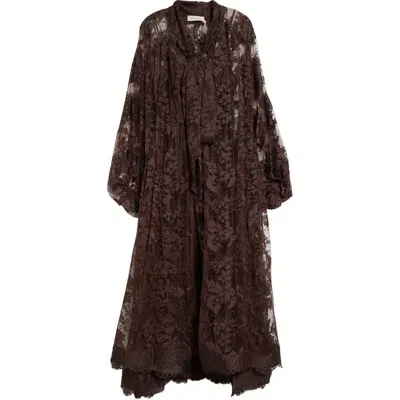 Zimmermann Womens Mahogany Floral-lace-embroidery Balloon-sleeves Cotton-blend Maxi Dress In Brown