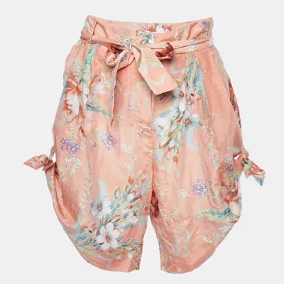 Pre-owned Zimmermann Orange Anais Antique Floral Print Silk Blend Belted Shorts Xl