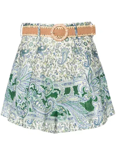 Zimmermann Paisley Print Linen Shorts In Green