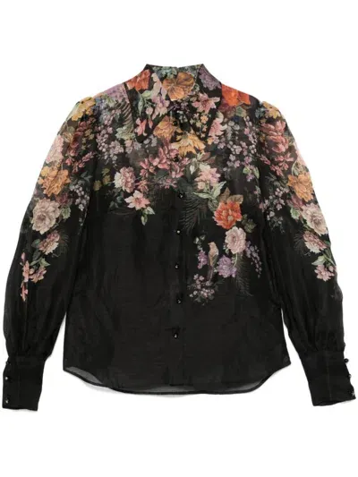 Zimmermann Pavilion Floral-print Linen And Silk-blend Shirt In Black