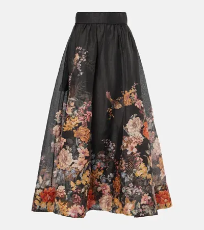 Zimmermann Pavilion Floral-print Linen And Silk-blend Midi Skirt In Black