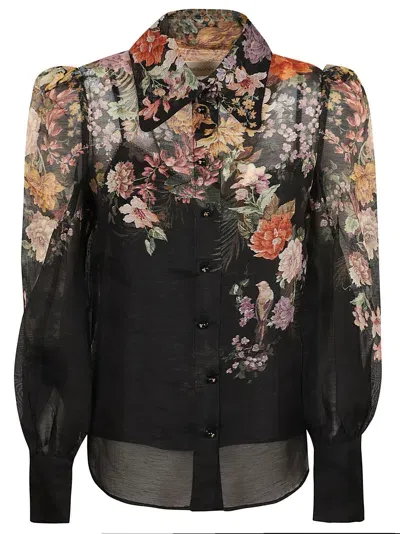 Zimmermann Pavilion Tie Neck Blouse In Black Rococo Floral