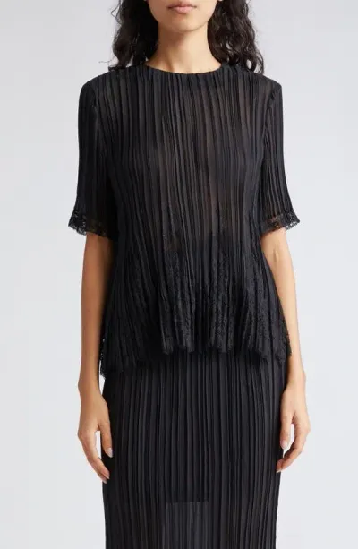 Zimmermann Pleated Lace Trim Semisheer Top In Black