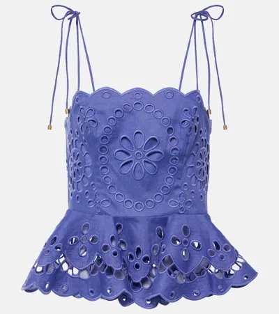 Zimmermann Pop Embellished Scalloped Broderie Anglaise Linen Peplum Top In Purple