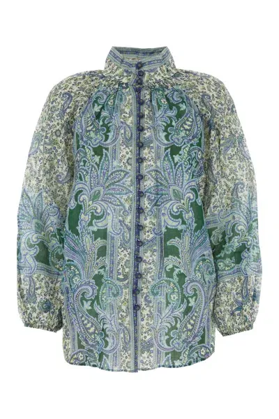 Zimmermann Printed Ramie Ottie Blouse In Greenpaisley