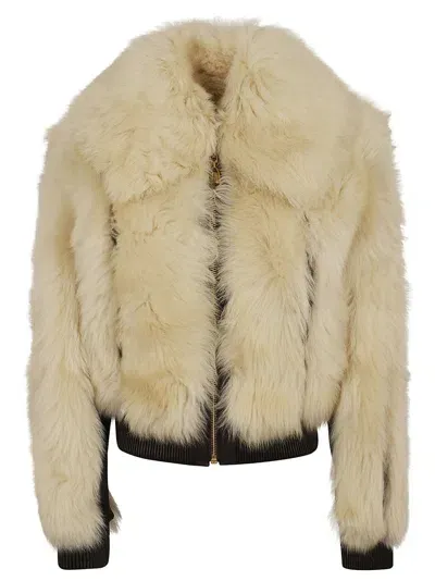 Zimmermann Sheepskin Coat With Fur Detailing And Ribbed Cuffs In Neutrals