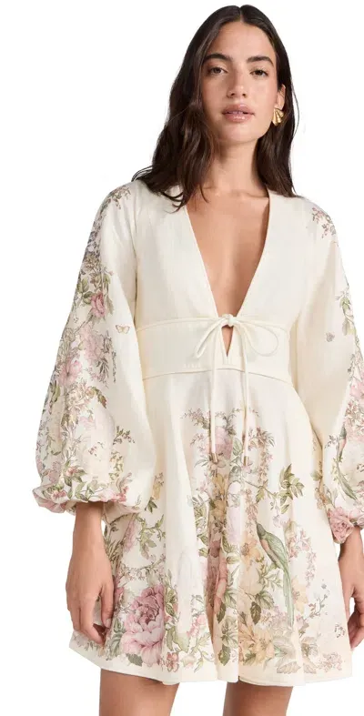 Zimmermann Waverly Plunged Linen Mini Dress In Cream Floral