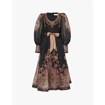 Zimmermann Womens Black Paisley Illustration Structured Paisley-pattern Linen And Silk-blend Midi Dr