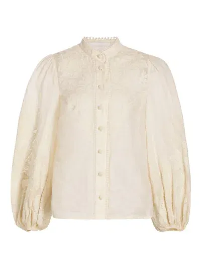 Zimmermann Ottie Floral-embroidered Linen Shirt In Cream