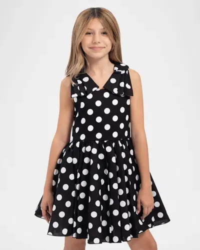 Zoe Kids' Girl's Amber Polka-dot Dress With Shoulder Bows In Black And White Polka Dot