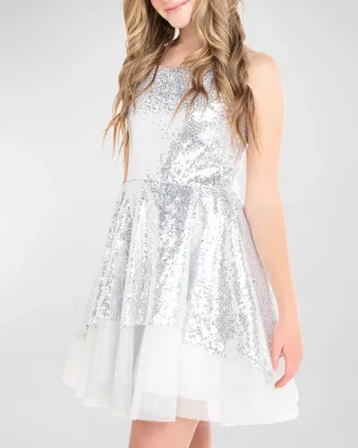 Zoe Kids' Girl's Nancy Sequin Overlay Tulle Dress In Silver