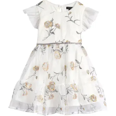 Zunie Kids' Flutter Sleeve Floral Embroidered Party Dress In Ivory