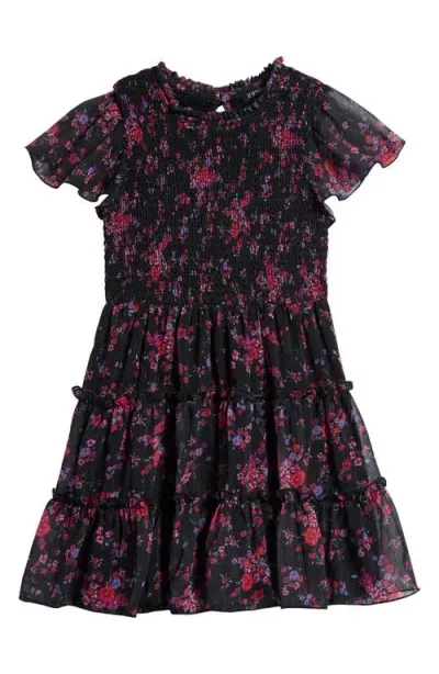 Zunie Kids' Metallic Flutter Sleeve Smocked Party Dress In Black/pink