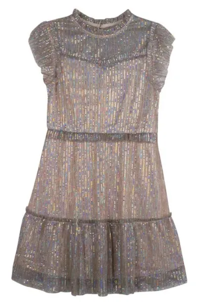 Zunie Kids' Metallic Sequin Plissé Tiered Party Dress In Gold