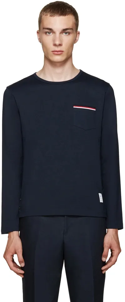 Thom Browne Patch-pocket Long-sleeve Cotton-jersey T-shirt In Storm Blue