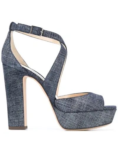 Jimmy Choo April 120 Light Indigo Denim Leather Platform Sandals In Blue